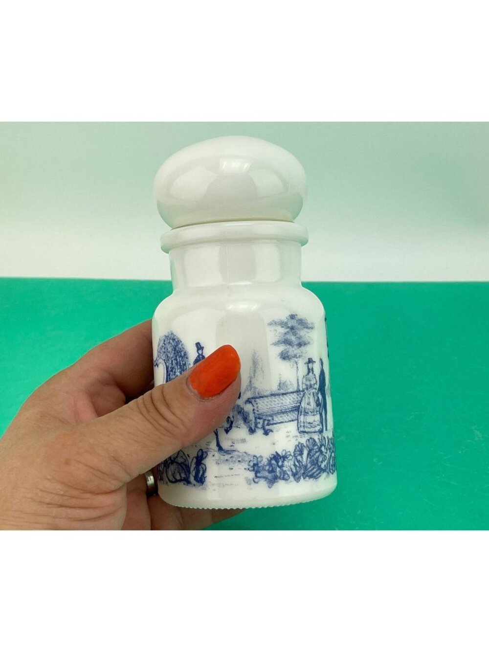 Vintage 70s jar, milk glass Belgium mustard container, white & blue print